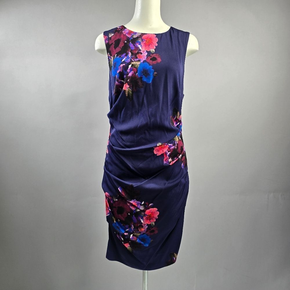 Nicole Miller Navy and Pink Floral Midi Dress R7